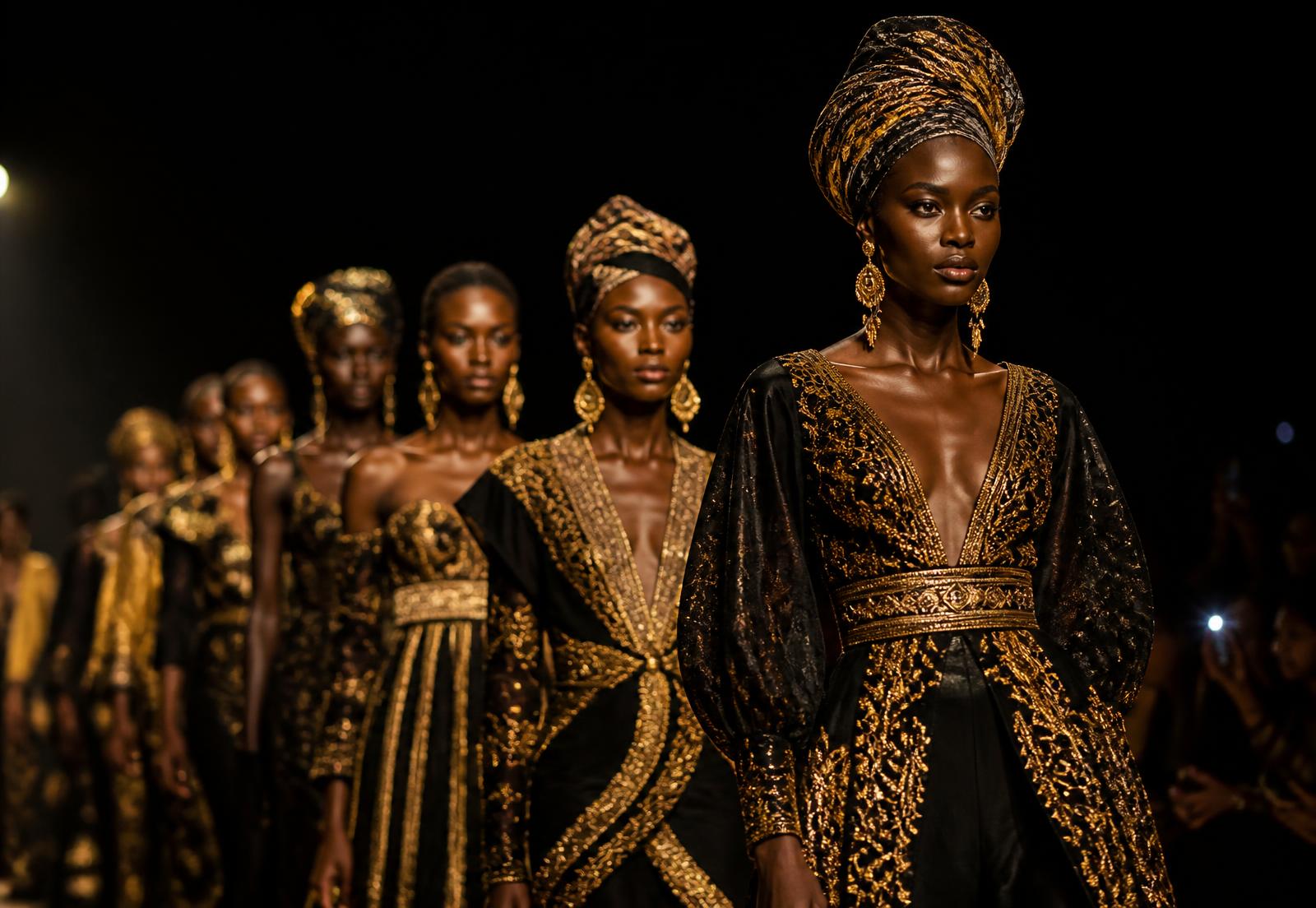 Models in gold-embroidered African couture on a darkened runway
